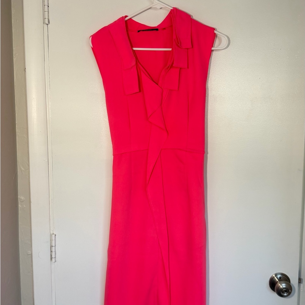 Tahari Hot Pink Sleeveless Midi Dress with Front Ruffle